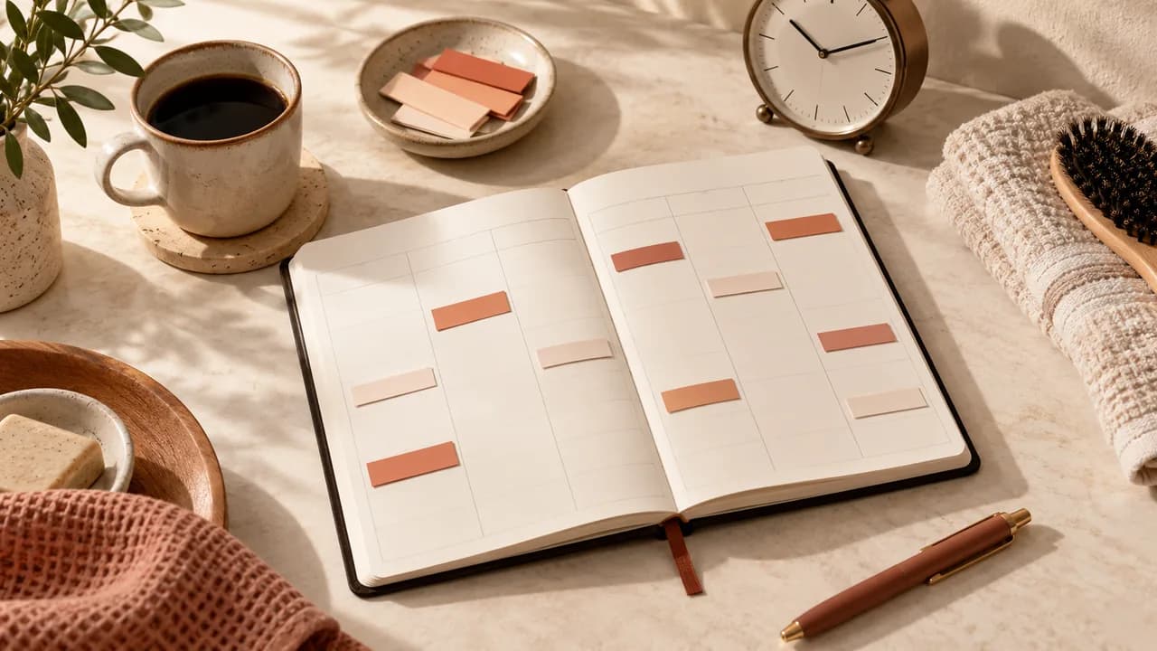 Illustrative appointment planner with time blocks, a clock, towels and a grooming brush on a cream desk.