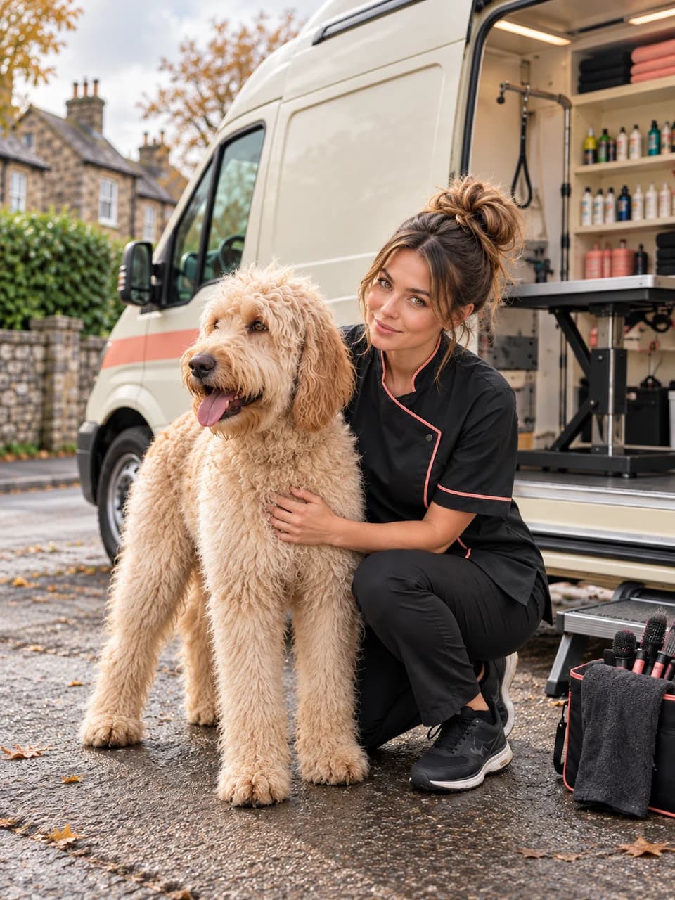 Frankie kneels beside a curly-coated dog outside her grooming van.